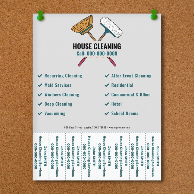 Sopborstar & Städtjänster Flyer med avrivningslapp (Brooms & House Cleaning Tear Off Strips Flyer)