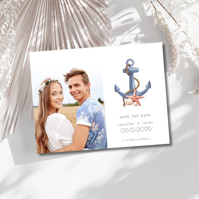 Sopbröllop för kustnära nautiskt foto Spara datume Meddelande Vykort (Coastal Nautical Photo Beach Wedding Save the Date Postcard)