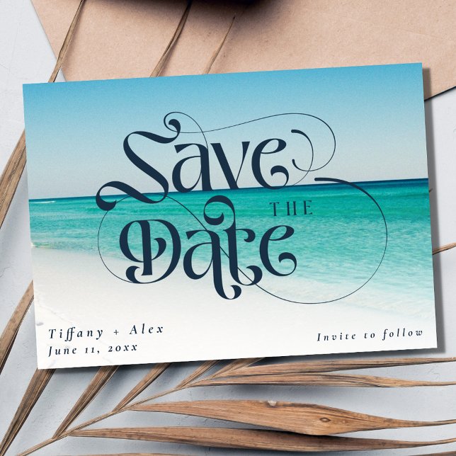 Sopbröllop med enkelt fack spara datumet (Simple Beach Destination Wedding Save The Date)