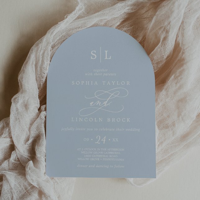 SOPHIA Arch Baby blue Monogram Classic Bröllop Inbjudningar (SOPHIA Arch Baby Blue Monogram Classic Wedding Invitation)