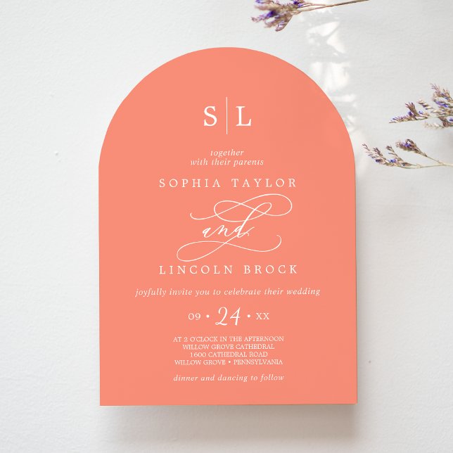SOPHIA Arch Bright Coral Peach Sunset Bröllop Inbjudningar (SOPHIA Arch Bright Coral Peach Sunset Wedding Invitation)
