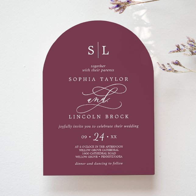 SOPHIA Arch Maroon Red Monogram Autumn Bröllop Inbjudningar (SOPHIA Arch Maroon Red Monogram Autumn Wedding Invitation)