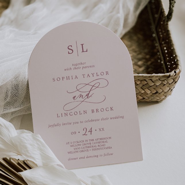 SOPHIA Arch Monogram Burgundy och  Bröllop Inbjudningar (SOPHIA Arch Monogram Burgundy and Blush Wedding Invitation)