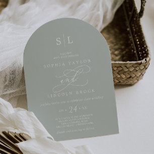 SOPHIA Arch Monogram Dusty Sage Grått Grönt Bröllo Inbjudningar