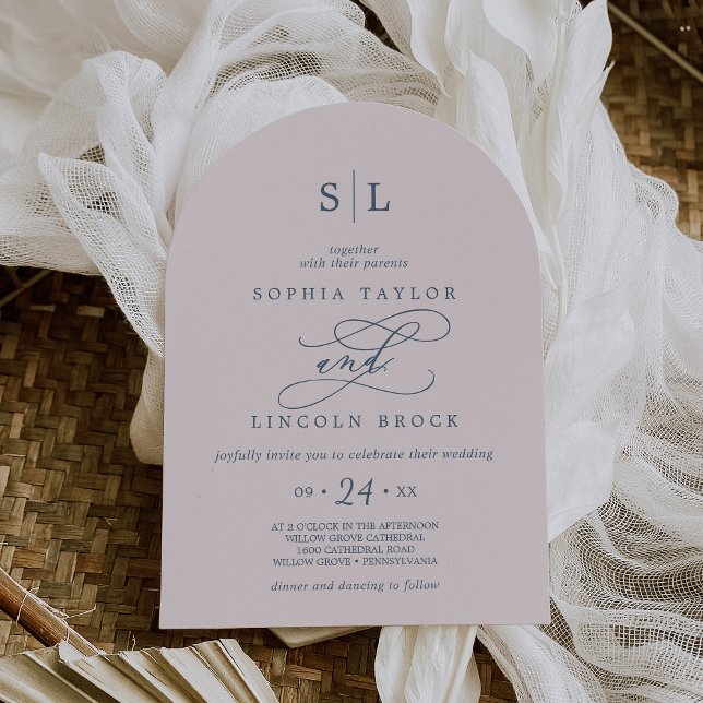 SOPHIA Arch Monogram Rosa  och Bröllop Inbjudningar (SOPHIA Arch Monogram Pink Blush and Navy Wedding Invitation)