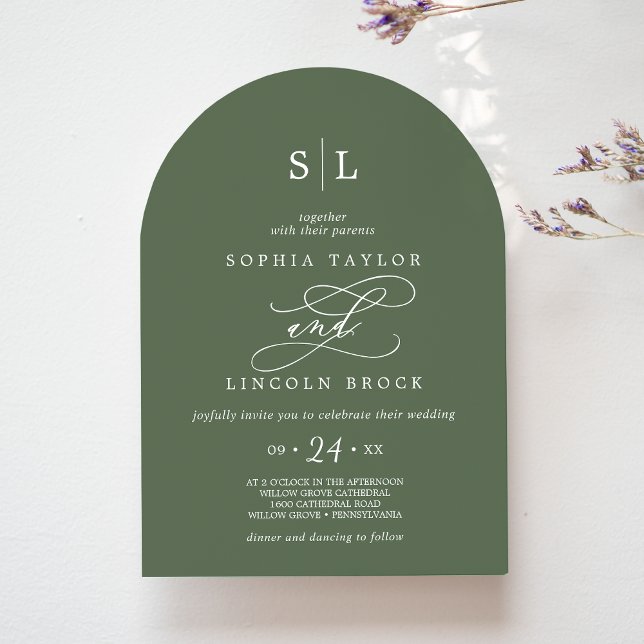 SOPHIA Arch Monogram Woodland Oliv grönt Bröllop Inbjudningar (SOPHIA Arch Monogram Woodland Olive Green Wedding Invitation)