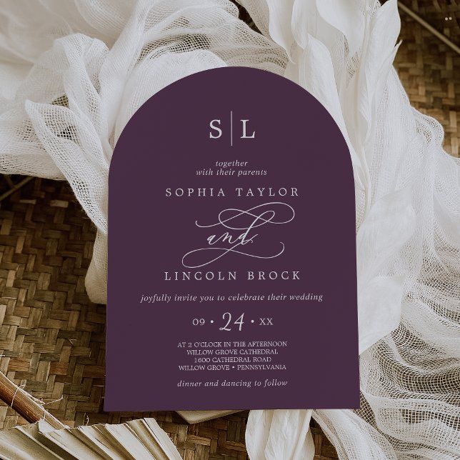 SOPHIA Arch Moody Mörk Plum Forme Elegant bröllop Inbjudningar (SOPHIA Arch Moody Dark Plum Formal Elegant Wedding Invitation)
