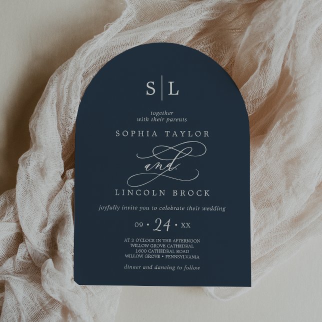 SOPHIA Arch Mörk blått Monogram Simple Navy Bröllo Inbjudningar (SOPHIA Arch Dark Blue Monogram Simple Navy Wedding Invitation)