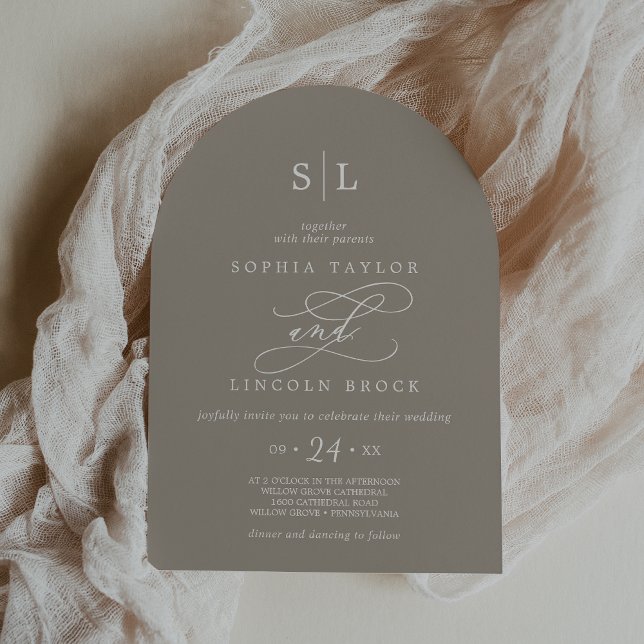 SOPHIA Arch Rustic Taupe Elegant Monogram Bröllop Inbjudningar (SOPHIA Arch Rustic Taupe Elegant Monogram Wedding Invitation)