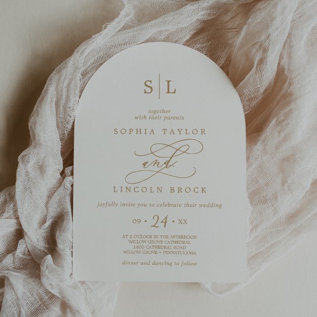 SOPHIA Arch Simple Minimalist Guld White Bröllop Inbjudningar (SOPHIA Arch Simple Minimalist Gold White Wedding Invitation)