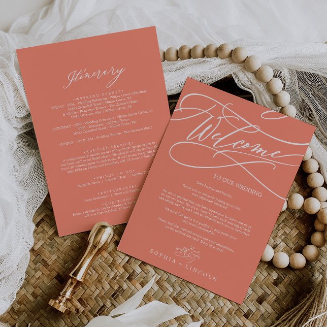 SOPHIA Bright Coral Bröllop Välkommen och Intermyn (SOPHIA Bright Coral Wedding Welcome and Itinerary Cards)