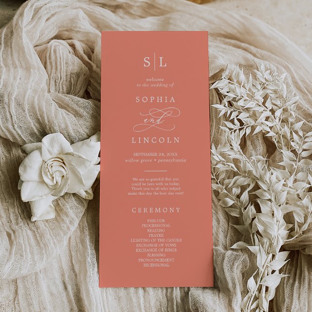 SOPHIA Bright Coral Summer Monogram Bröllop Program (SOPHIA Bright Coral Summer Monogram Wedding Program)
