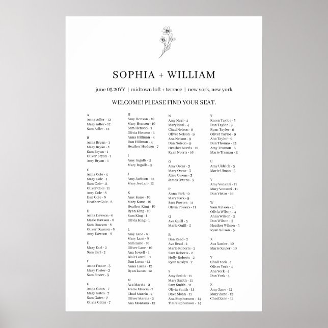 Sophia Elegant - alfabetiskt sittningsschema Poster (Framsidan)