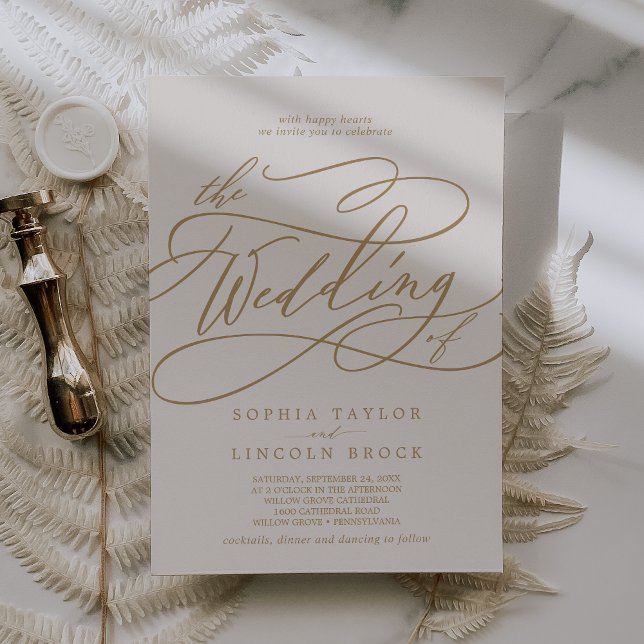 SOPHIA Guld Cream Elegant Finare Skript Bröllop Inbjudningar (SOPHIA Gold Cream Elegant Fancy Script Wedding Invitation)