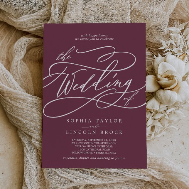 SOPHIA Mörk Maron Red Simple Fall Modern Bröllop Inbjudningar (SOPHIA Dark Maroon Red Simple Fall Modern Wedding Invitation)
