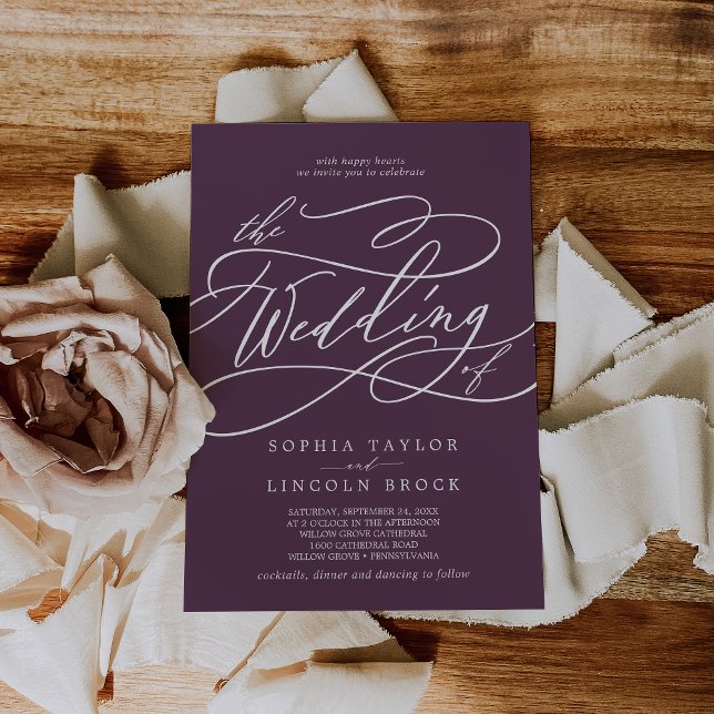 SOPHIA Mörk Plum Simple Lila Classic Bröllop Inbjudningar (SOPHIA Dark Plum Simple Purple Classic Wedding Invitation)