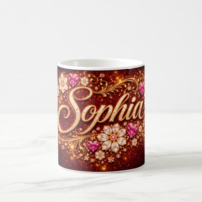 Sophia Name Pink Hearts Gold Script Romantic Gift Kaffemugg (Center)