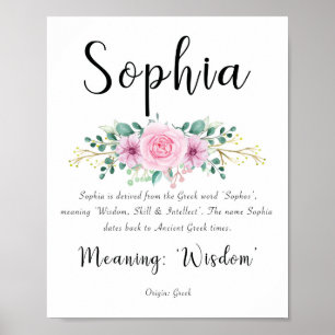 Sophia namn betyder Skriv ut med Rosa blommor 8x10 Poster
