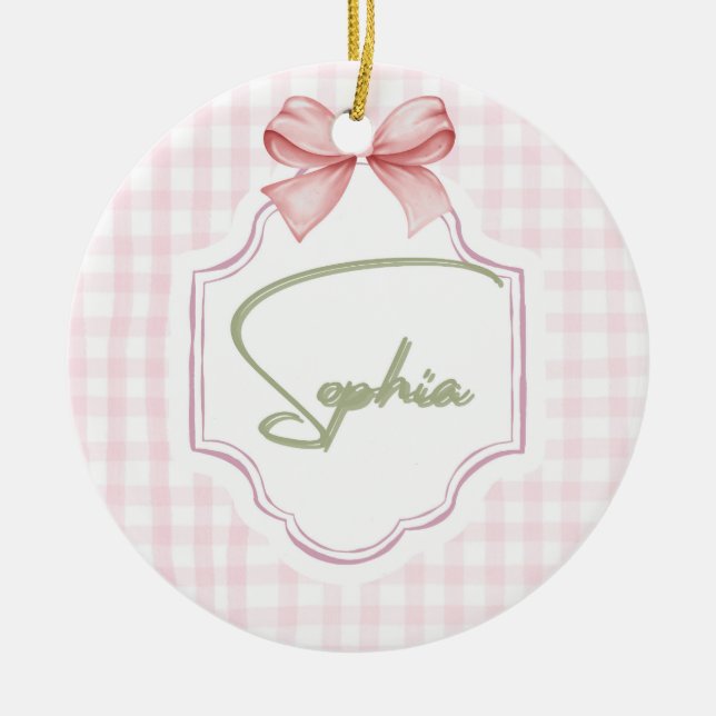 Sophia Personlig Rosa Bow & Gingham Skriv ut Julgransprydnad Keramik (Framsidan)