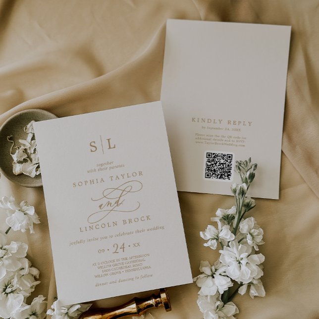 SOPHIA QR Code Guld Cream Chic allt på en Bröllop Inbjudningar (SOPHIA QR Code Gold Cream Chic All In One Wedding Invitation)
