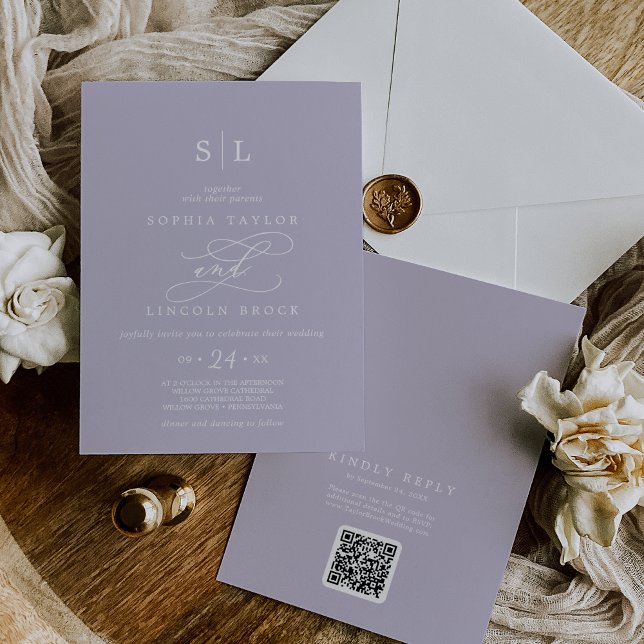 SOPHIA QR Code Lavender Lila allt i ett Bröllop Inbjudningar (SOPHIA QR Code Lavender Purple All In One Wedding Invitation)