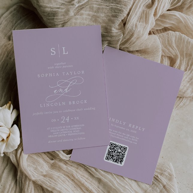 SOPHIA QR Code Lilac Lila alla i ett Bröllop Inbjudningar (SOPHIA QR Code Lilac Purple All In One Wedding Invitation)