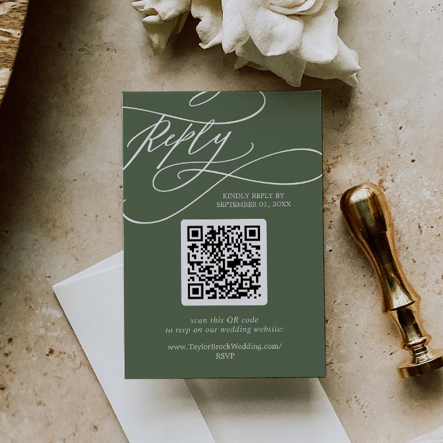 SOPHIA QR Code Rustic Woodland Oliv grönt Bröllop OSA Kort (SOPHIA QR Code Rustic Woodland Olive Green Wedding RSVP Card)
