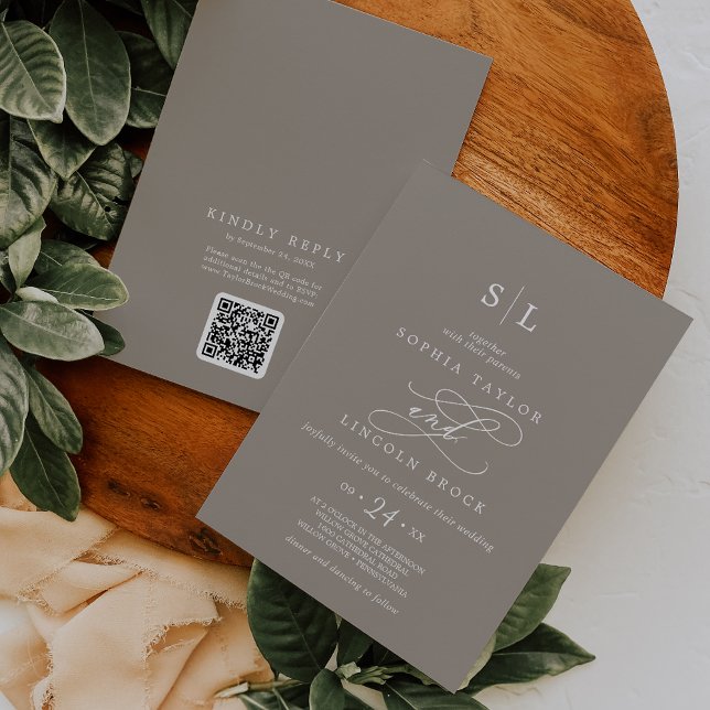 SOPHIA QR-kod Boho Chic Taupe Allt-i-ett Bröllop Inbjudningar (SOPHIA QR Code Boho Chic Taupe All In One Wedding Invitation)