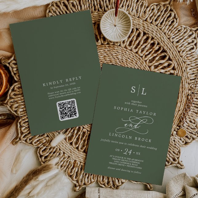 SOPHIA QR-kod Boho Oliv grönt allt i ett Bröllop Inbjudningar (SOPHIA QR Code Boho Olive Green All In One Wedding Invitation)