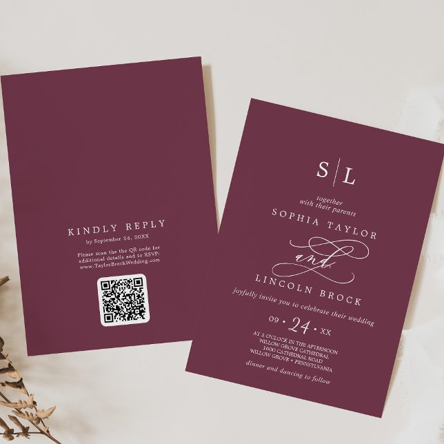 SOPHIA QR-kod: Fall Maron Red allt på en Bröllop Inbjudningar (SOPHIA QR Code Fall Maroon Red All In One Wedding Invitation)