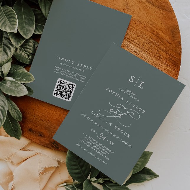 SOPHIA QR-kod Tropical Grönt alla i ett Bröllop Inbjudningar (SOPHIA QR Code Tropical Green All In One Wedding Invitation)