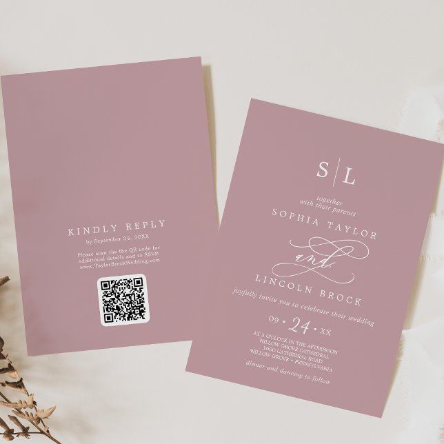 SOPHIA QR-koden Dusty Ro Rosa all i ett Bröllop Inbjudningar (SOPHIA QR Code Dusty Rose Pink All In One Wedding Invitation)