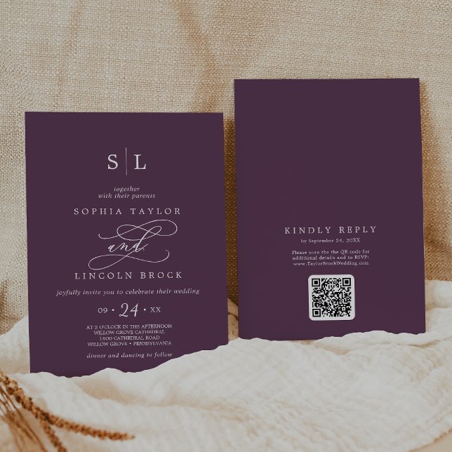 SOPHIA QR Mörk Plum Moody allt i ett Bröllop Inbjudningar (SOPHIA QR Code Dark Plum Moody All In One Wedding Invitation)