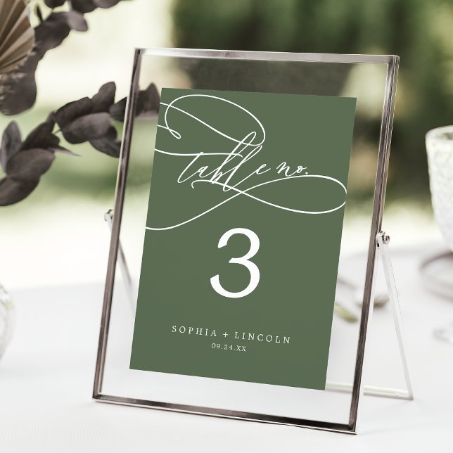 SOPHIA Rustic Oliv grönt 5x7 Bröllop Bordsnummer (SOPHIA Rustic Olive Green 5x7 Wedding Table Number)