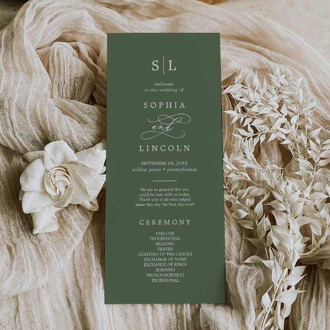 SOPHIA Woodland Oliv grönt Monogram Bröllop Program (SOPHIA Woodland Olive Green Monogram Wedding Program)