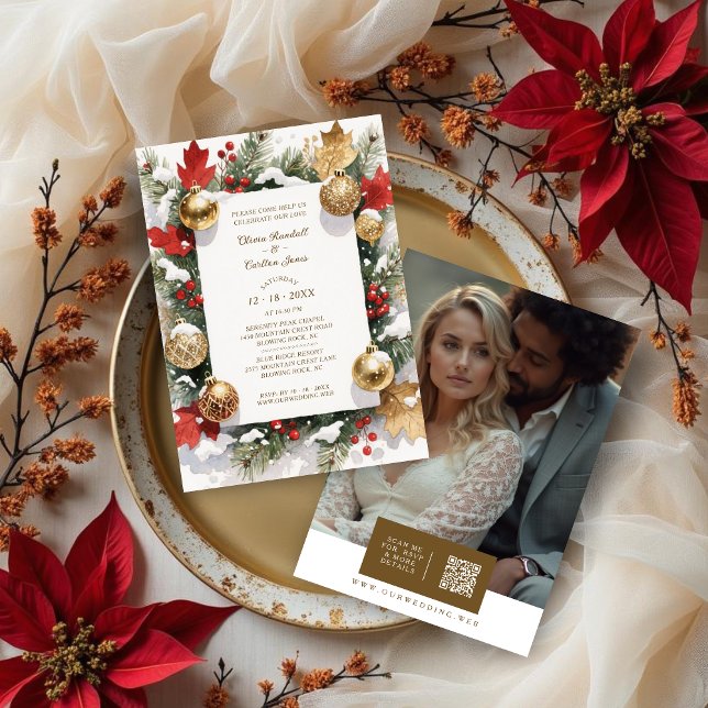 Sophistated Colorful Christmas Botanical & Floral Inbjudningar (Sophisticated Colorful Christmas Botanical and Floral Frame Wedding Invitations Cards with Back QR.)