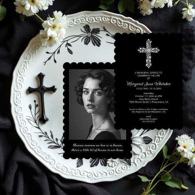 Sophisticate Christian Cross Minimal Photo Funeral Inbjudningar (Sophisticated Delicate Christian Cross Minimal Black & White Funeral Invitation Cards with Photo.)