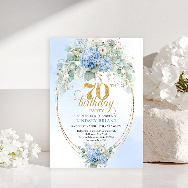 Sophisticated 70th Birthday Blue Hydrangea Invite Inbjudningar (Sophisticated 70th Birthday Blue Hydrangea Invitation)