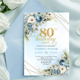 Sophisticated 80th Birthday Invite Dusty Blue Gold Inbjudningar
