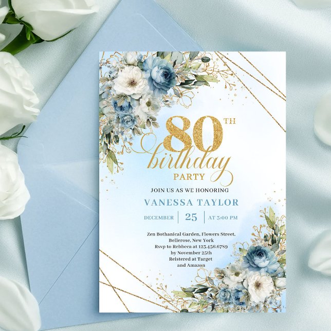 Sophisticated 80th Birthday Invite Dusty Blue Gold Inbjudningar (Sophisticated 80th Birthday Invite Dusty Blue Watercolor)