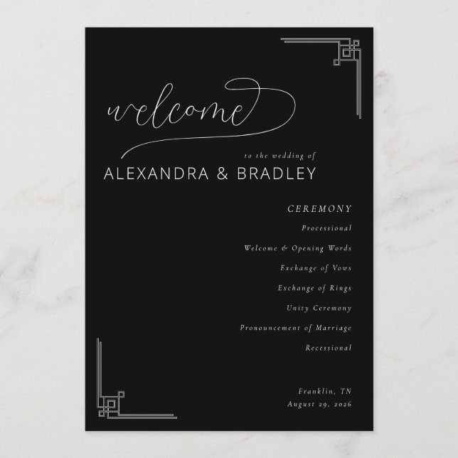Sophisticated Black Geometric Wedding Ceremony Program (Framsida)