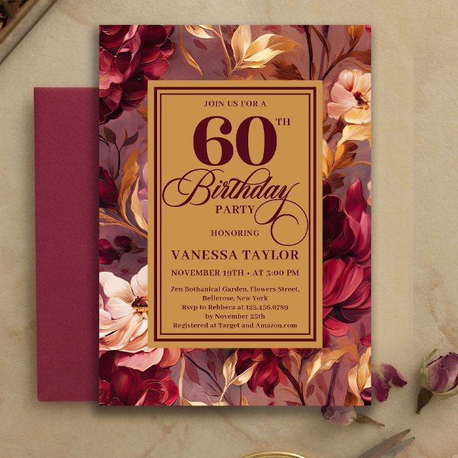 Sophisticated Boho 60th Birthday Maroon Blush Gold Inbjudningar (Sophisticated 60th Birthday Maroon Blush Gold Invitation)