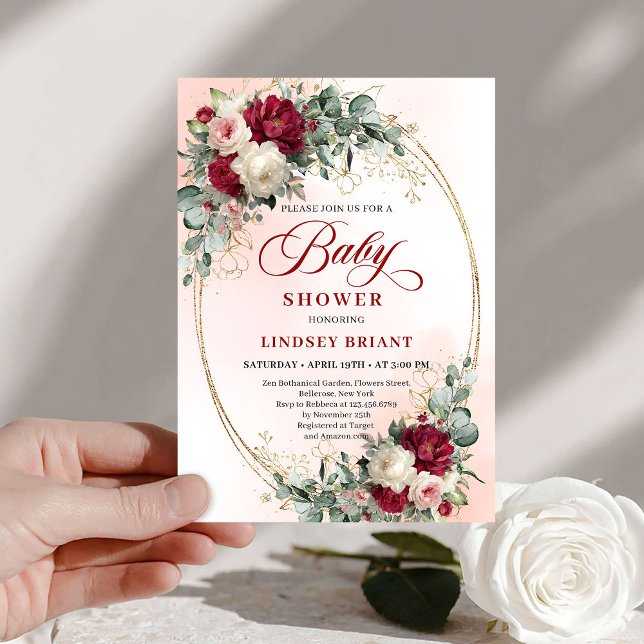 Sophisticated Boho Marsala Floral Gold Baby Shower Inbjudningar (Sophisticated Boho Marsala Floral Gold Baby Shower Invitation)