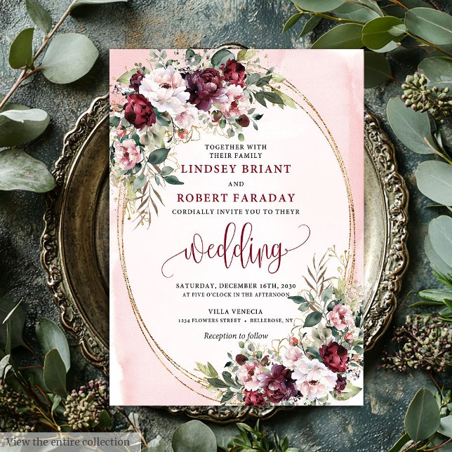 Sophisticated Boho Merlot Gold Sage Floral Wedding Inbjudningar (Sophisticated Boho Merlot Gold Sage Floral Wedding Invitation)