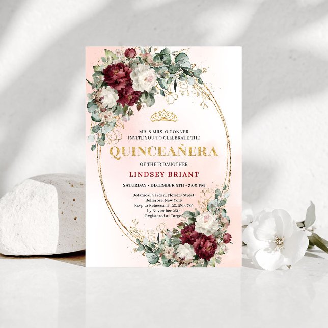 Sophisticated Burgundy Floral Gold Quince Invite Inbjudningar (Sophisticated Burgundy Floral Gold Quince Invitation)