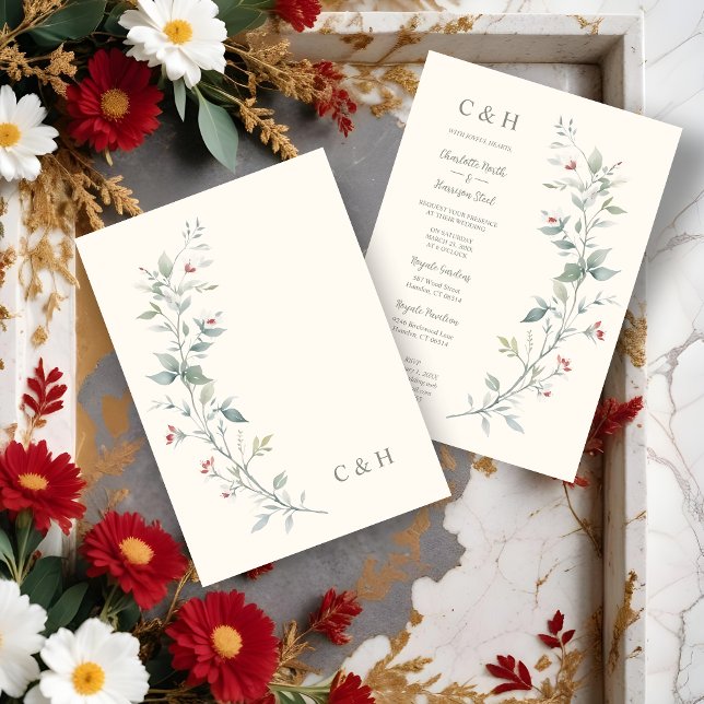 Sophisticated Chic Wildflowers & Green Shades  Inbjudningar (Sophisticated Chic Wildflowers Garland Green Shades & Dark Red Wedding Invitations Cards. )