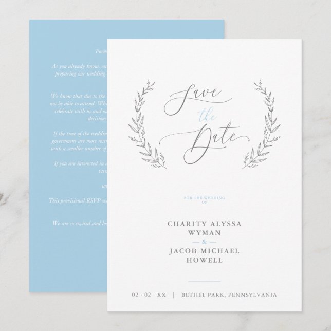 Sophisticated Classic Botanical Blue Grey Wedding (Fram/baksida)
