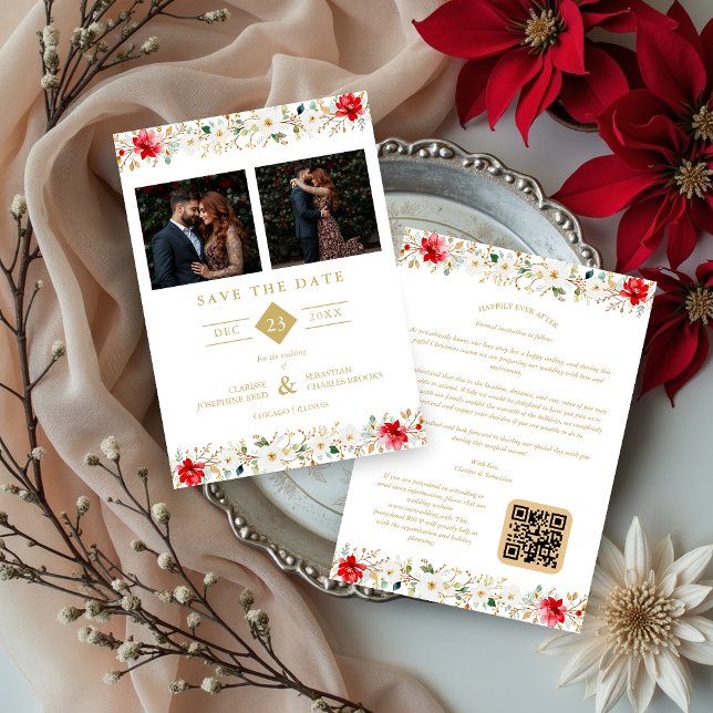 Sophisticated Classic Christmas Garland Wedding Spara Datumet (Sophisticated Classic Christmas Garland Wedding Save the Date Cards with Two Photos and Back QR Code)