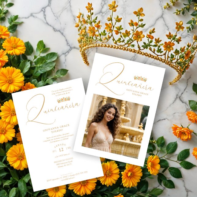 Sophisticated Colorful Tiara & Elegant Script Inbjudningar (Sophisticated Colorful Princess Tiara & Elegant Script Photo Quinceañera Invitations Cards.)