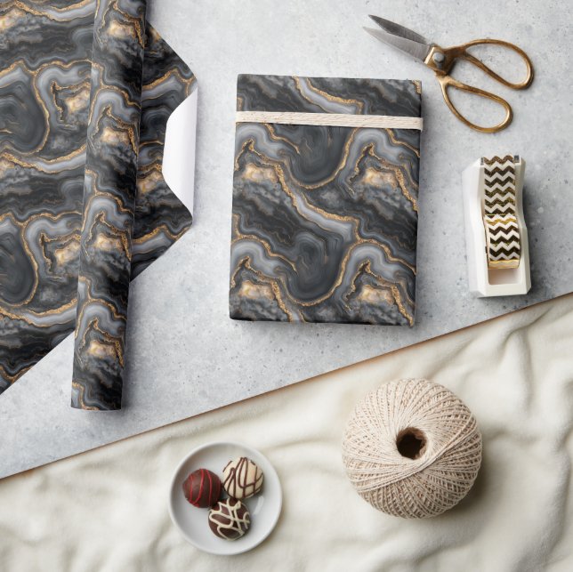 Sophisticated Dark Gray Marbled Gold Waves Presentpapper (Hantverk)